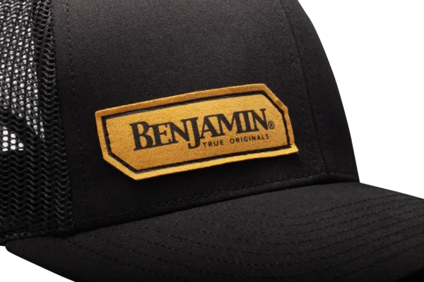 Close Up Angled View of Benjamin Trucker Hat Black BENH01